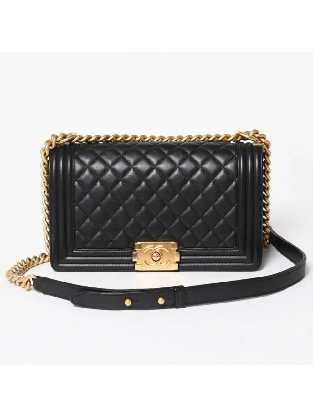 Chanel Boy 25 Chain Shoulder Bag Base CC Logo Lambskin Black